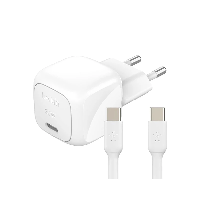 Belkin Compact BoostCharge 30W Mains Charger (USB-C Power Delivery, Fast Charging for Apple iPhone, Samsung Galaxy, iPad, AirPods, Tablets, etc., USB-C to C Cable Included, White)