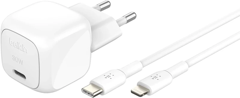 Belkin BoostCharge Compact Wall Charger (30W), Travel Friendly, USB-C Power Delivery, Fast Charger for Apple iPhone, Samsung Galaxy, iPad, AirPods, Tablet, iPhone Charger with USB-C/Lightning Cable