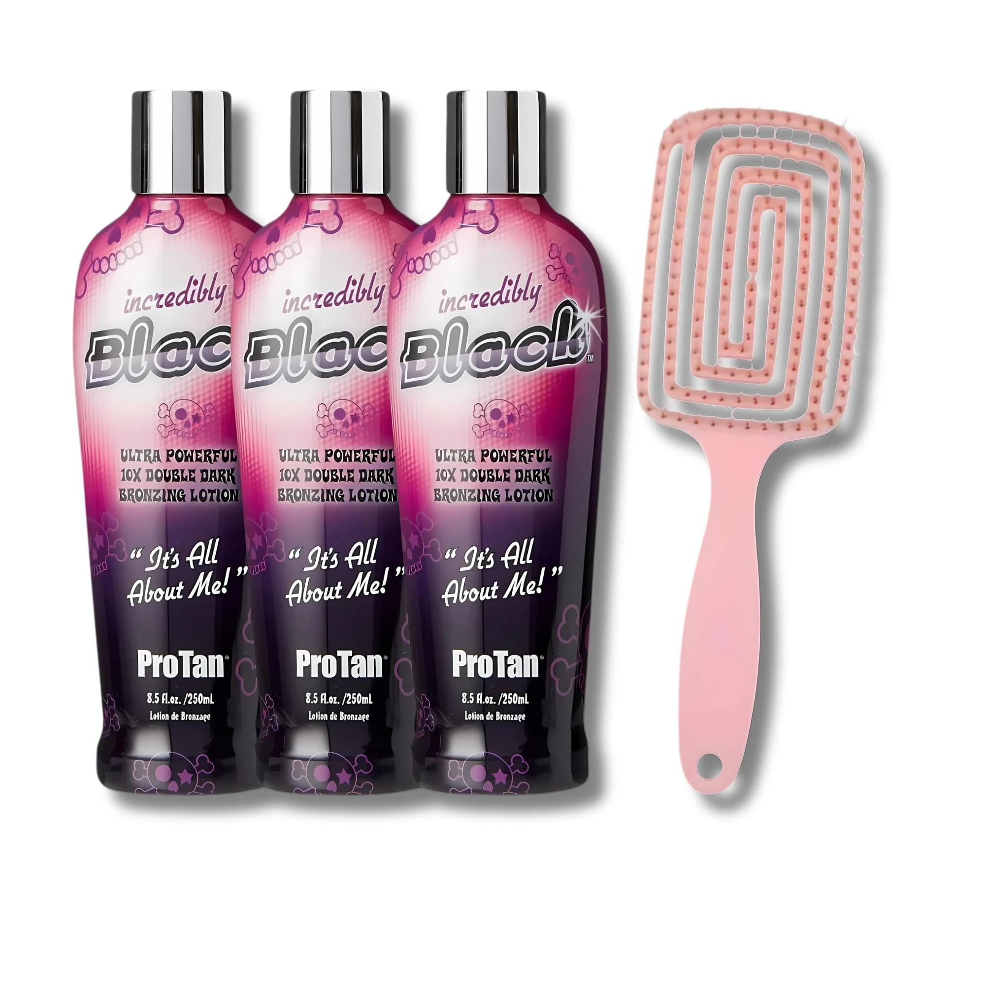 Pro Tan Incredibly Black Ultra Powerful 10X Double Dark Bronzing Lotion with Vitamin A & E, Enriched with Shea Butter & Coconut Oil - 250ml, Pack of 3 with Detangling Hair Brush for Healthy Hair
