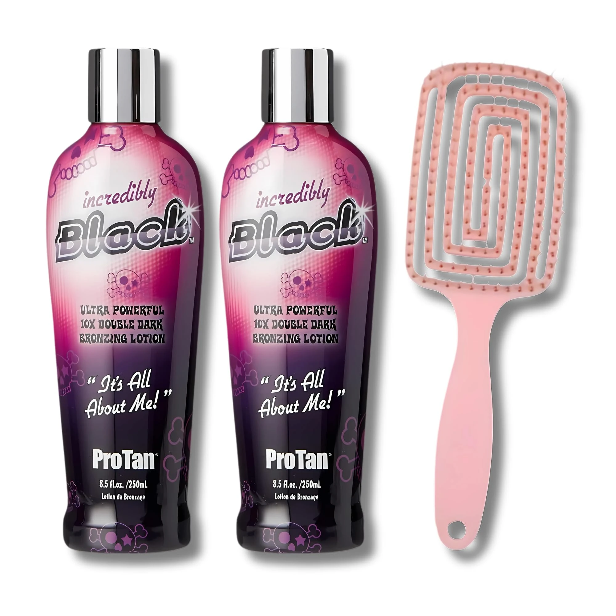 Pro Tan Incredibly Black Ultra Powerful 10X Double Dark Bronzing Lotion with Vitamin A & E, Enriched with Shea Butter & Coconut Oil - 250ml, Pack of 2 with Detangling Hair Brush for Healthy Hair