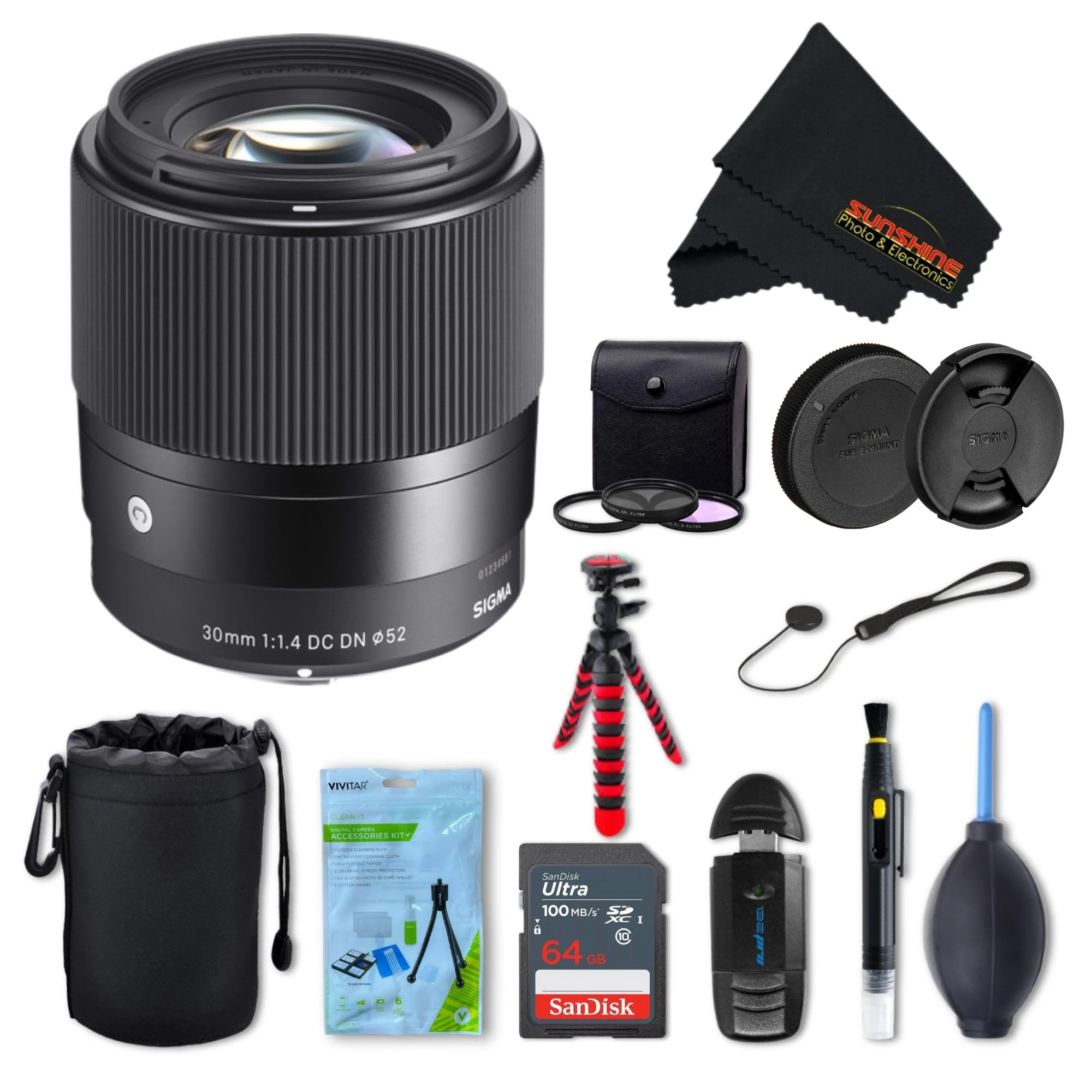 Sigma 30mm f1.4 Contemporary DC DN Lens for Sony E with Sunshine Photo Professional Bundle - 4 Years USA Manufacturer Warranty