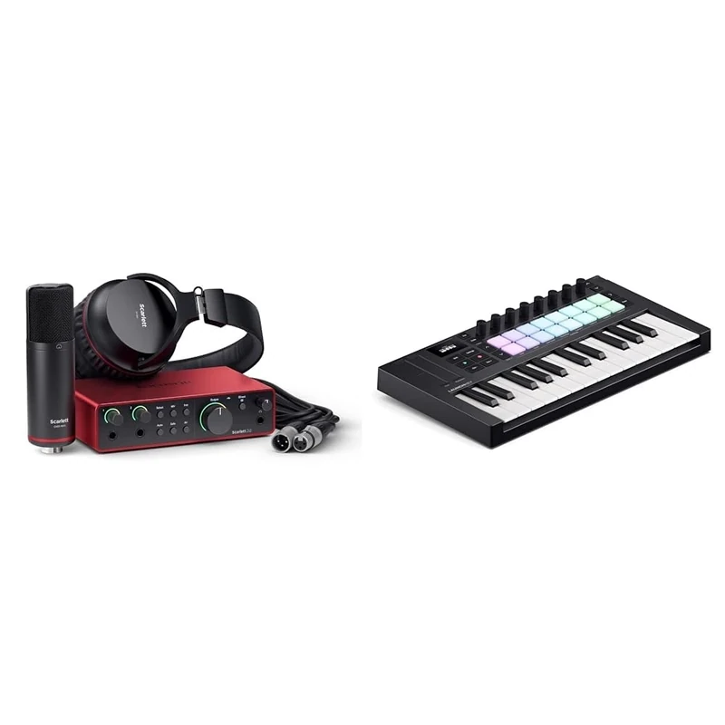 Focusrite Scarlett 2i2 Studio 4th Gen USB Audio Interface Bundle with Condenser Microphone and Headphones + Novation Launchkey Mini 25 [MK4] — Portable 25 Mini-Key, USB, MIDI Keyboard Controller.