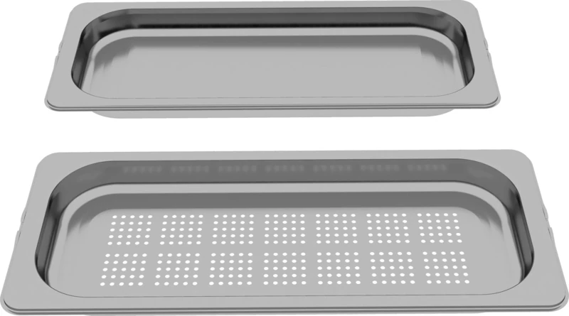 Bosch HEZ66D52 Stainless Steel Steam Containers (Perforated, Unperforated) for Oven and Compact Ovens, 35 x 454 x 187 mm, Dishwasher Safe, Stainless Steel - Image 1