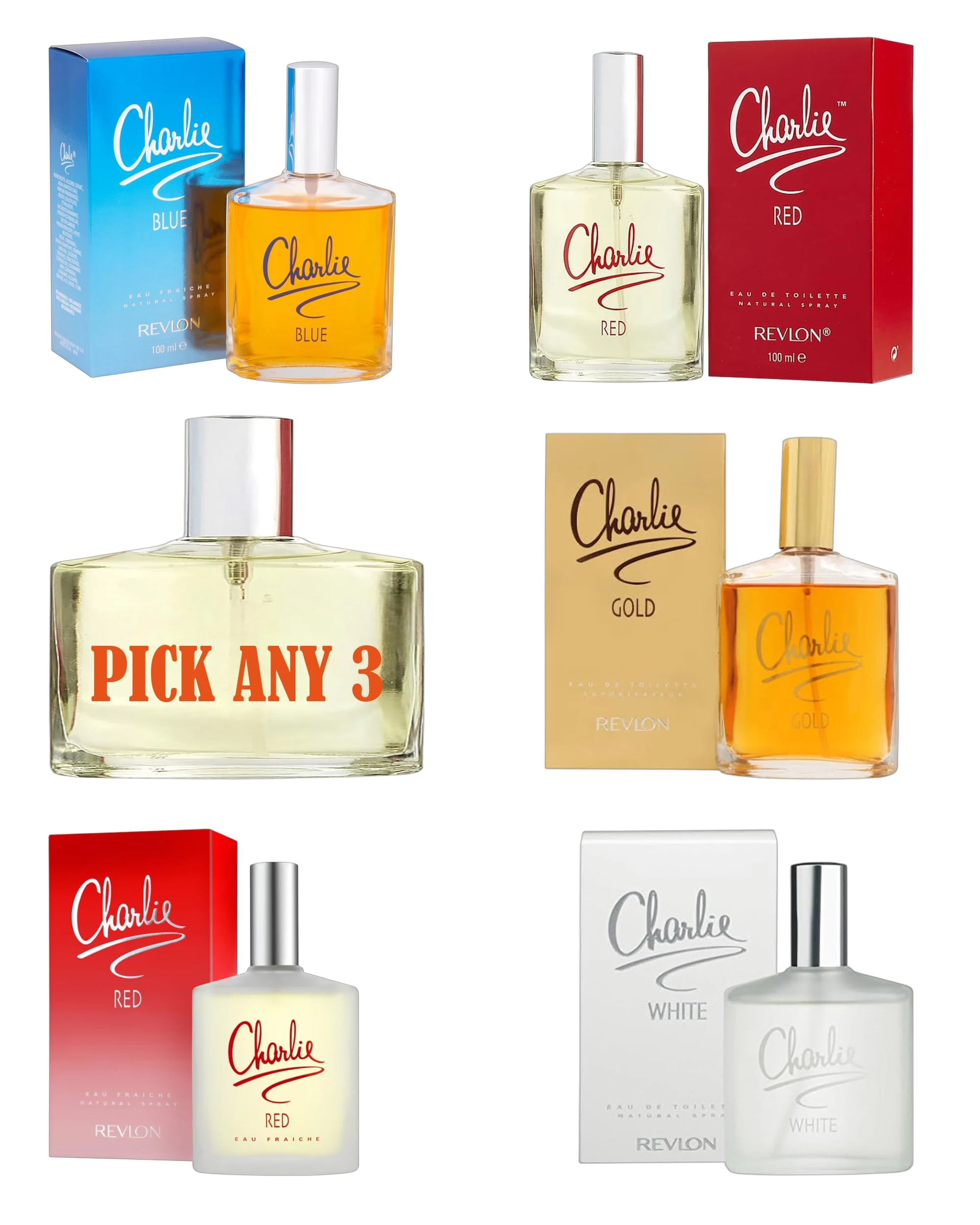 Revlon Charlie EAU Fraiche Natural Spray 100ml – Pick Any 3 – Choose from Red, Blue, Gold, White, and Red EDT – Timeless, Fragrances for Women, 3 x 100ml