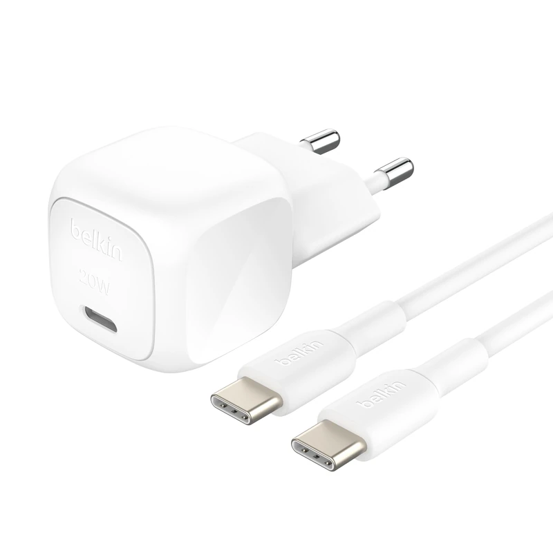 Belkin BoostCharge Compact 30W Mains Charger (USB-C Power Delivery, Fast Charging for Apple iPhone 16, Samsung Galaxy S25, iPad, AirPods, etc., USB-C to C Cable Included, White)