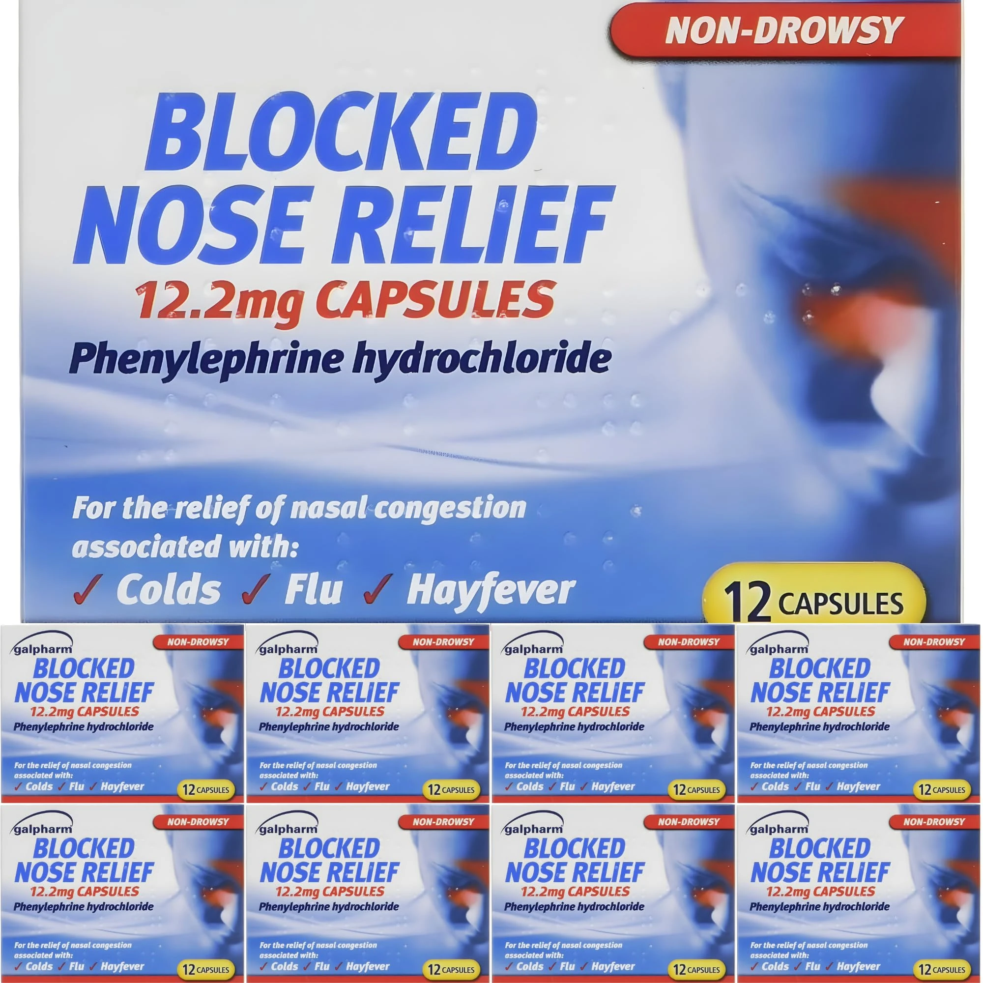 96 x Blocked Nose Relief Capsules - Decongestant for Nasal Congestion Relief & Mucus Relief (12 x 8 Packs)