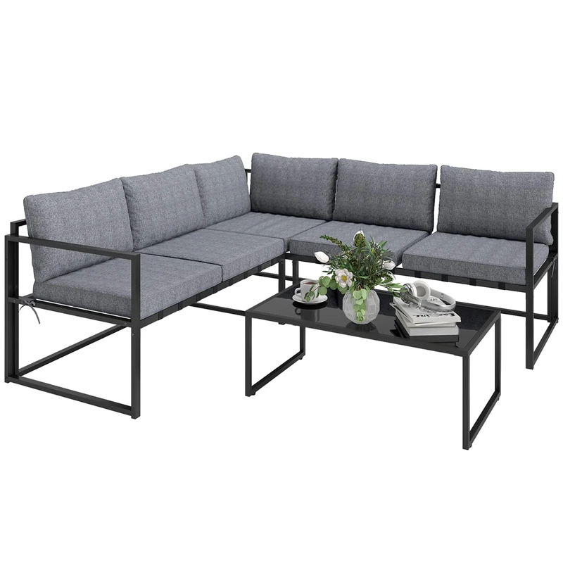 Outsunny 3 Piece L Shaped Garden Furniture Set with Cushions, Garden Corner Sofa Set with 3-Seater Sofa, Loveseat and Tempered Glass Top Table for Outdoor, Grey
