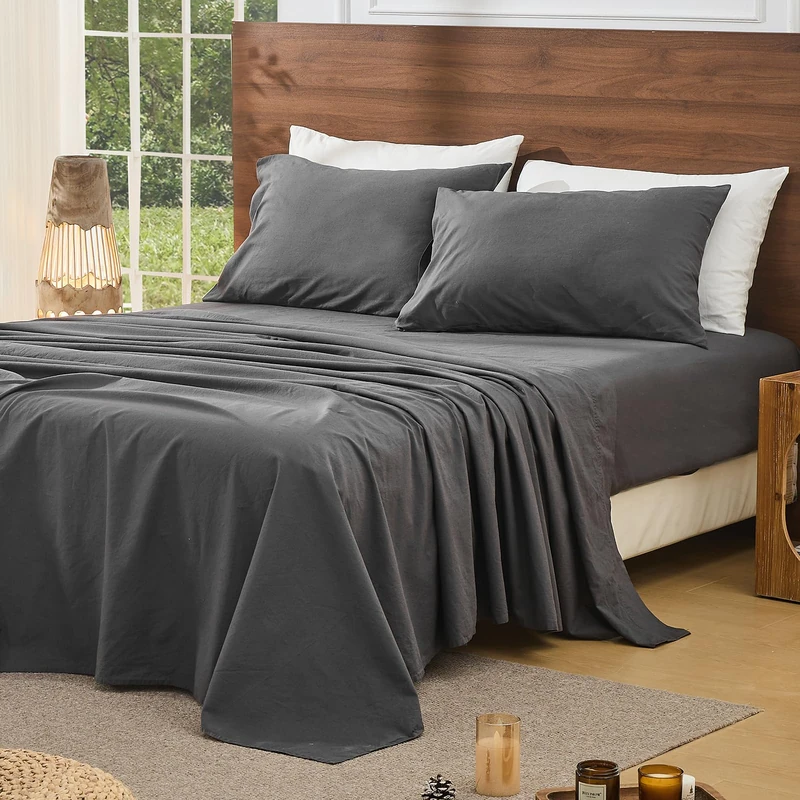 Bedlifes 100% French Pure Linen Sheets Queen Size Breathable and Cooling Flax Sheet Set Soft Durable and Moisture Wicking 16 Inch Deep Pocket-4 Piece(Queen,Dark Grey)