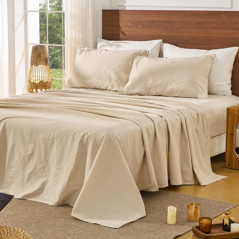 Bedlifes 100% French Pure Linen Sheets King Size Breathable and Cooling Flax Sheet Set Soft Durable and Moisture Wicking 16 Inch Deep Pocket-4 Piece(King,Linen)