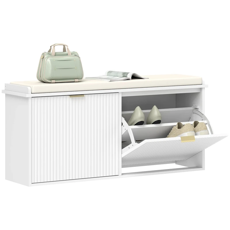 HOMCOM Shoe Bench with Padded Seat Cushion and Flip-Drawer, Shoe Cabinet Holds up to 240kg for Hallway, Entryway and Porch, 104x26x47.5cm, White
