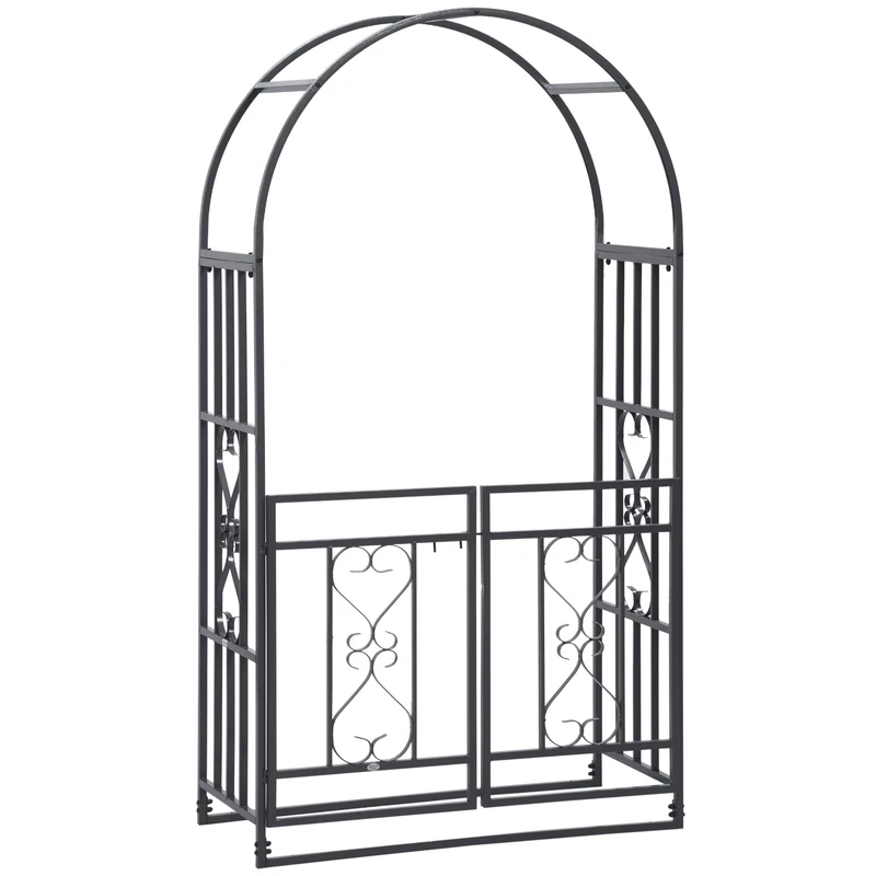 Outsunny Outdoor Garden Arch with Double Gates, Metal Garden Arbor for Climbing Plants, Roses, Vines, Wedding Arch for Outdoor, 114L x 50W x 206H cm, Dark Grey