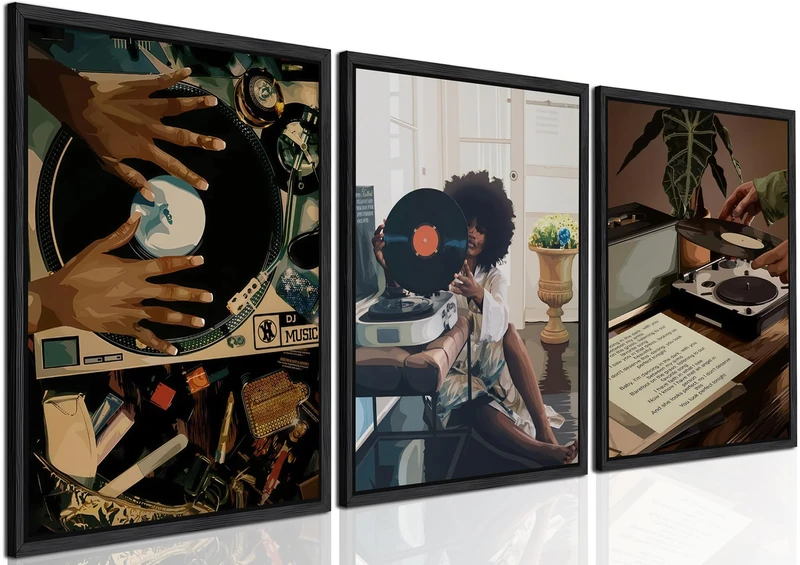 YFvrPt Black Woman Wall Art Set of 3, Fashion African American Women Wall Decor Trendy Abstract Girl Canvas Prints Aesthetic Pictures for Bedroom Living Room 16x24 inch Black Framed