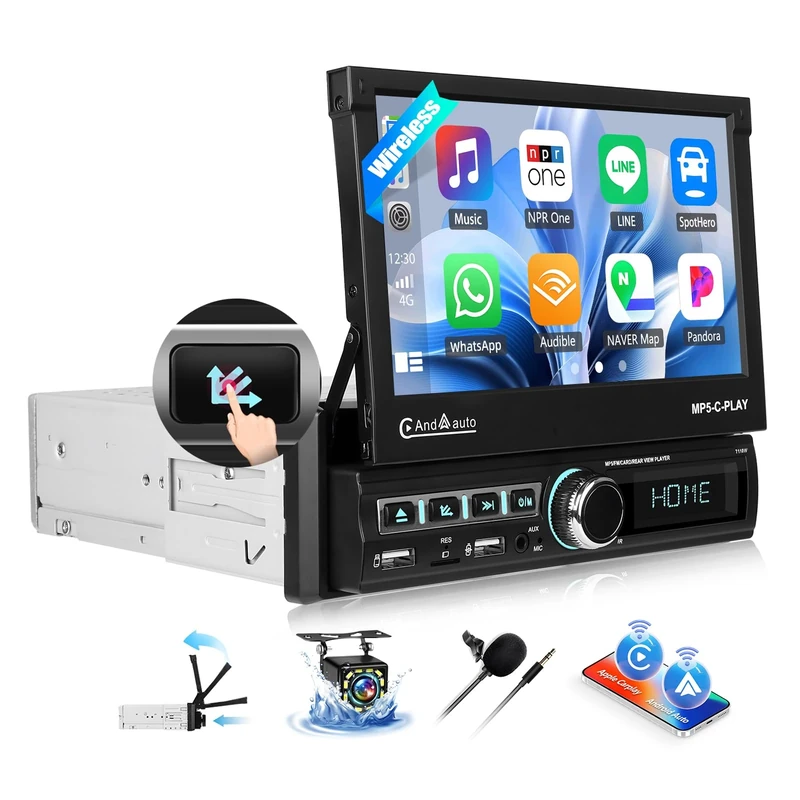 OiLiehu Single Din Touchscreen Car Stereo with Wireless CarPlay Android Auto, 7'' Motorized Flip Out Car Screen with Bluetooth, Mirror Link, FM Radio, EQ, SWC, AUX-IN, 2 USB, TF-Port, Backup Camera