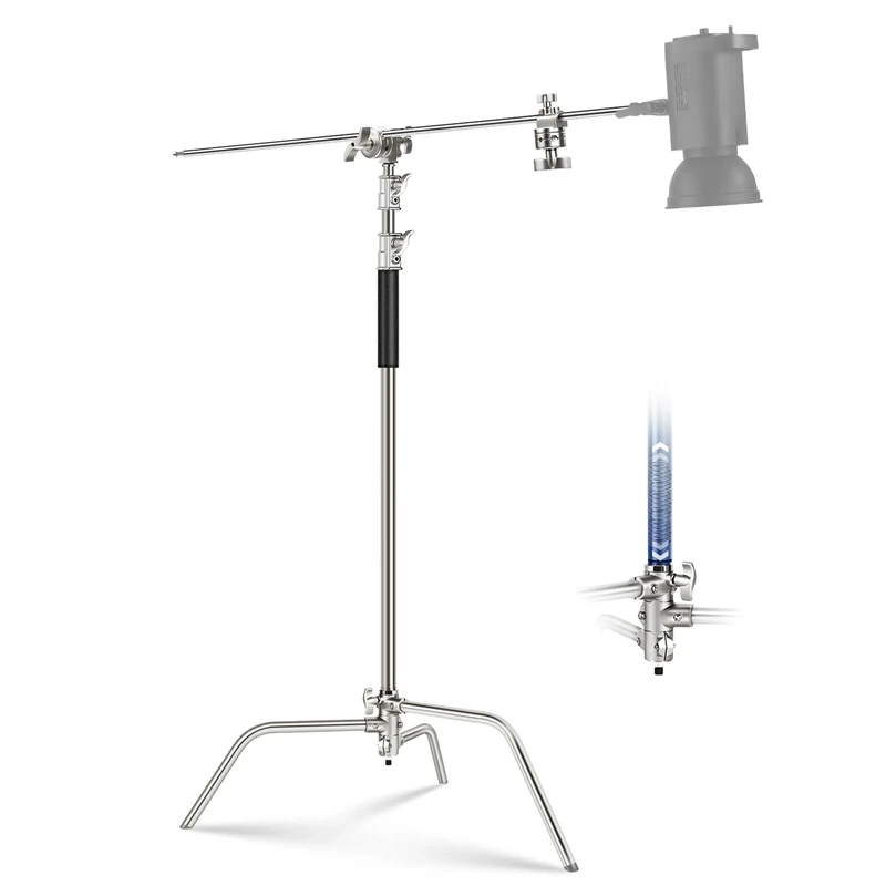 NEEWER BASICS 100% Stainless Steel Heavy Duty C Stand with Boom Arm, Max 10.5ft/320cm Photography Light Stand, 4.2ft/128cm Holding Arm, 2 Grip Heads for Studio Monolight Softbox Reflector, SC320 Lite