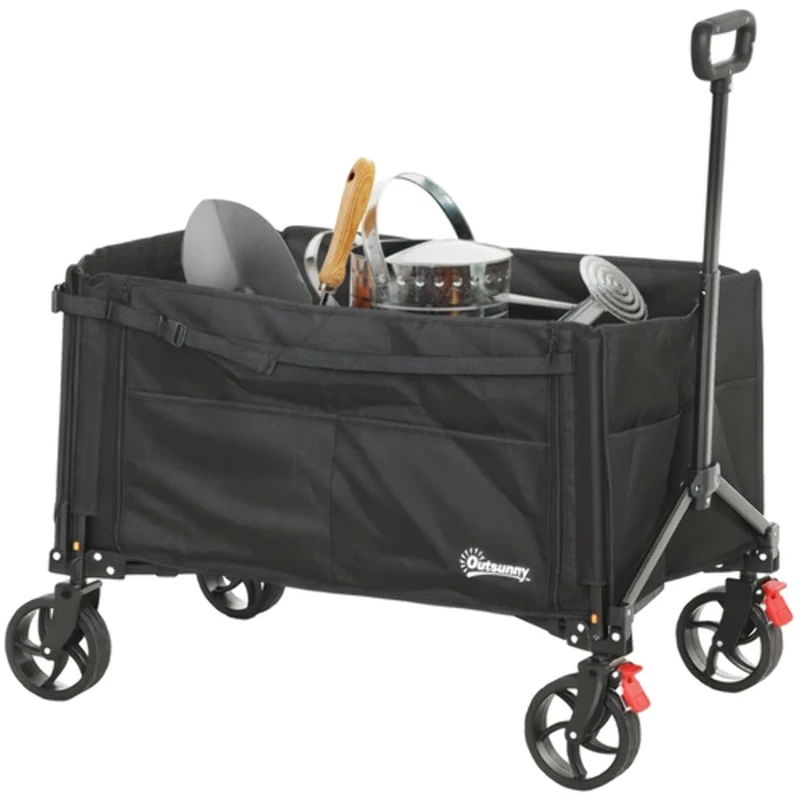 Outsunny Festival Trolley on Wheels, 150L Folding Camping Trolley Cart with Openable Sides, Adjustable Handle and Brakes for Shopping Beach Garden Fishing, Black