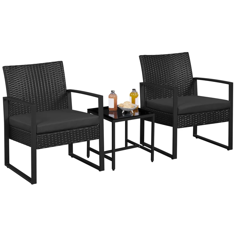 Yaheetech 3-Piece Rattan Garden Furniture Set, 2 Seater Chairs & 1 Table for Balcony with Cushions for House/Porch/Garden/Backyard/Outdoor Use, Black