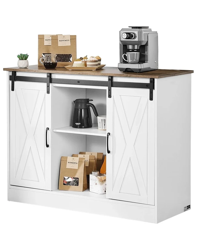 VEVOR Coffee Bar Cabinet, 41.8 x 15.8 x 32.1 in Farmhouse Coffee Bar Cabinet with 3-Tier Storage, Table with Barn Doors, Farmhouse Sideboard Buffet for Living Room, Entryway