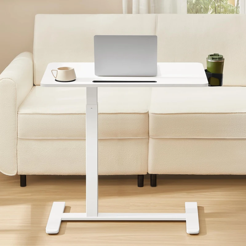 VASAGLE Overbed Table with Wheels, Small Standing Desk, 80 x 45 cm Tabletop, Adjustable Height, 2 Cup Holders, Phone and Tablet Slot, Cloud White LSD601W01 - Image 1