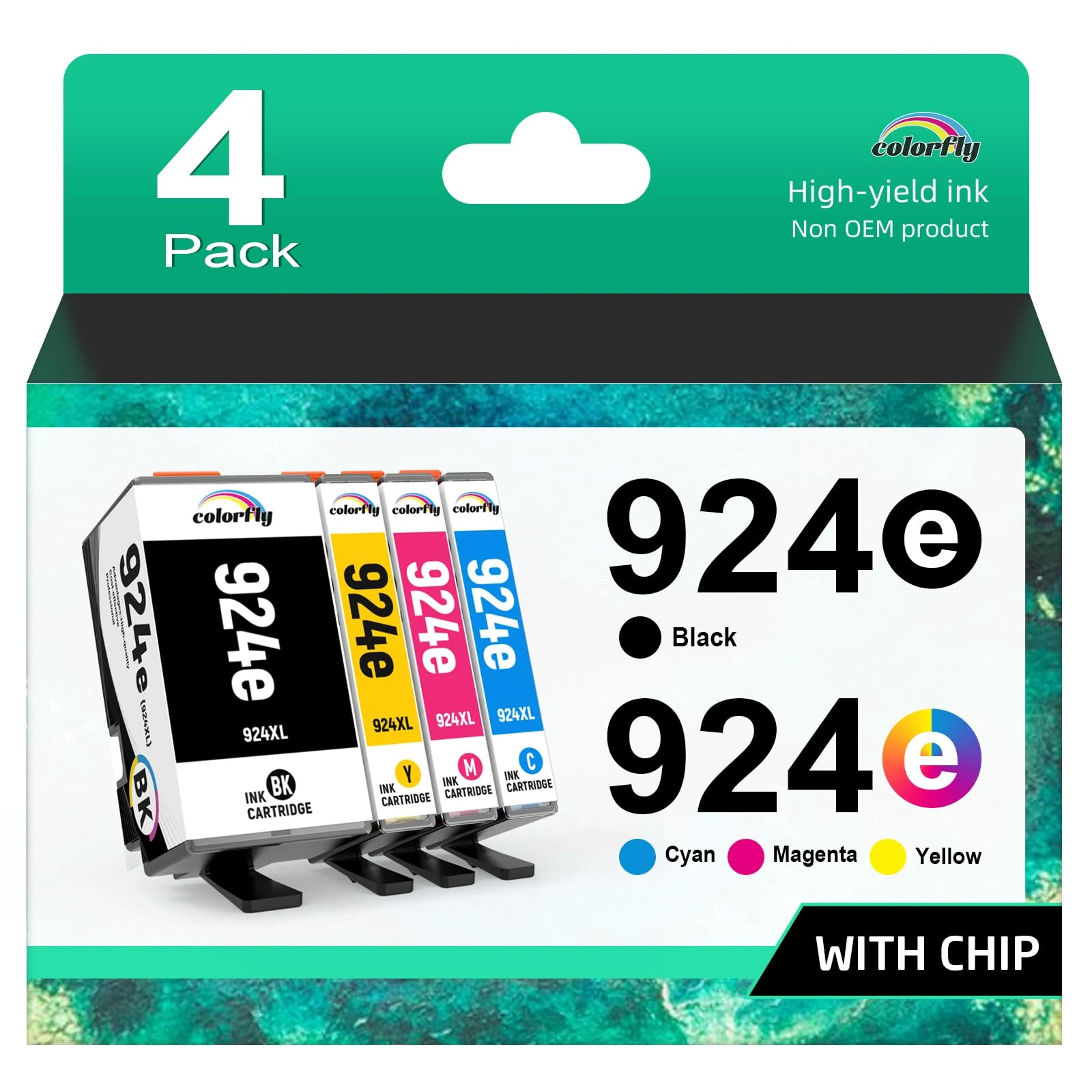 colorfly 924e 924 (with Chip) Ink Cartridges Compatible for HP 924 924e for HP Officejet Pro 8120 8122 8123 8125 8128 8130 8132 8133 8134 8135 (4 Pack)