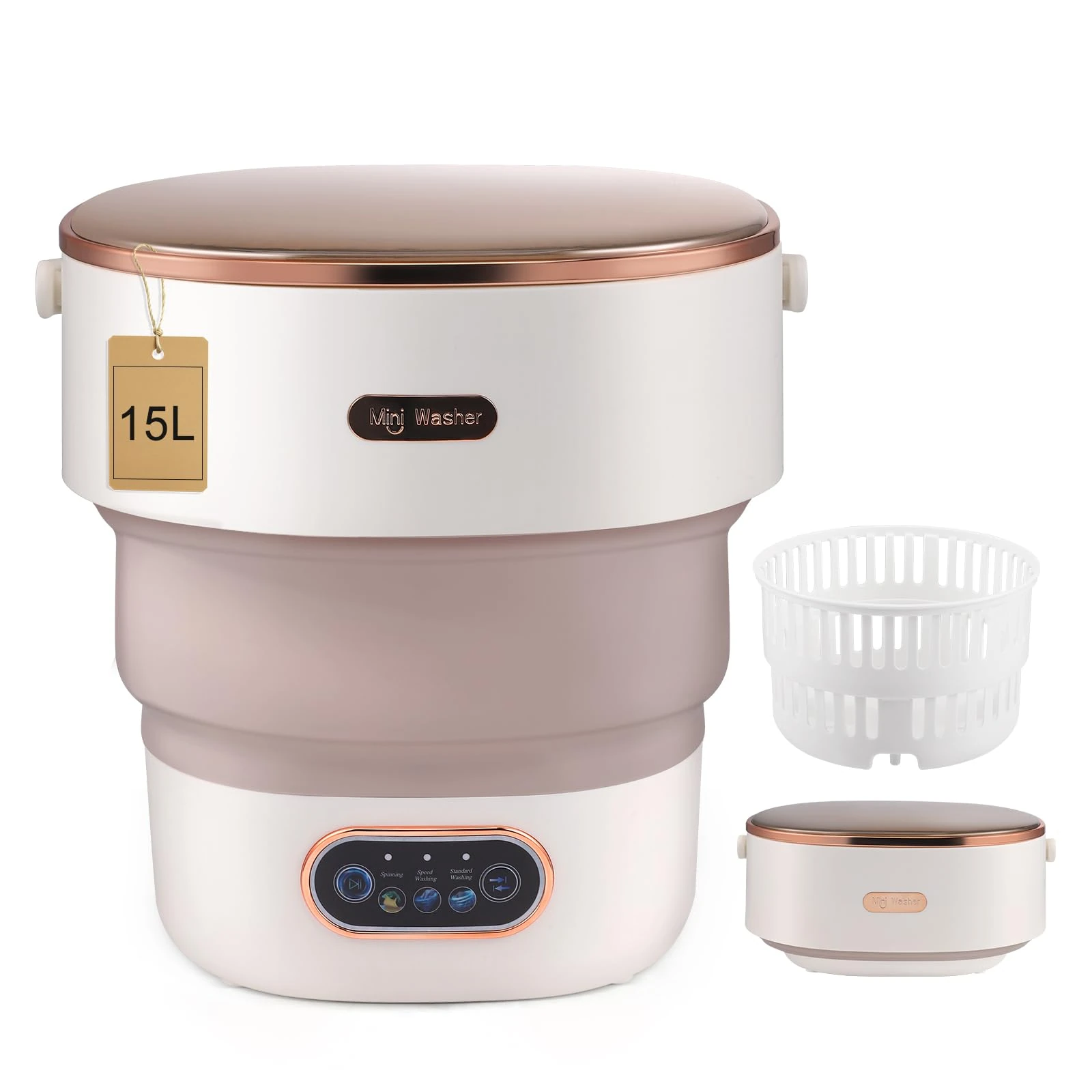 Portable Washing Machine,15L Small Travel Washing Machine With Spin Dryer Function Underwear 45db Ultra Quiet for Baby Clothes 45 dB Low Noise with Three Hangers Travel/Camping Essential (Khaki)