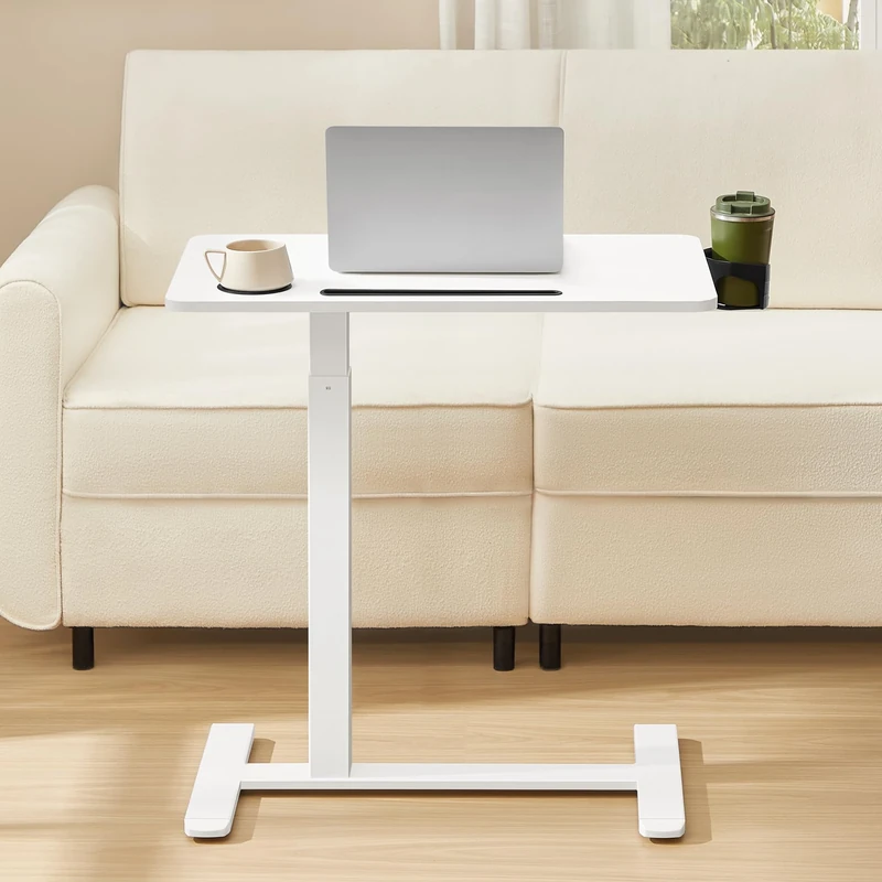 VASAGLE Overbed Table with Wheels, Small Standing Desk, 70 x 40 cm Tabletop, Adjustable Height, 2 Cup Holders, Phone and Tablet Slot, Cloud White LSD600W01 - Image 1