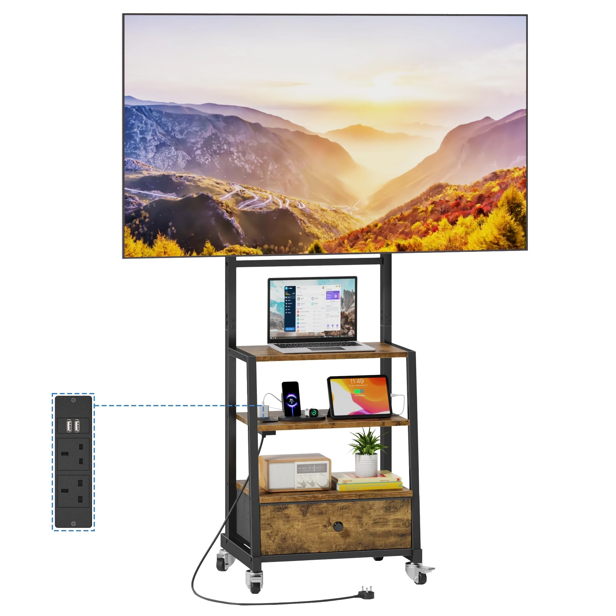 Rolling TV Stand with Mount and Storage Fabric Drawer for 32-75 Inches TV, Adjustable Small Rolling TV Stand with Power Outlet for Livingroom, Bedroom, Office, Rustic Brown