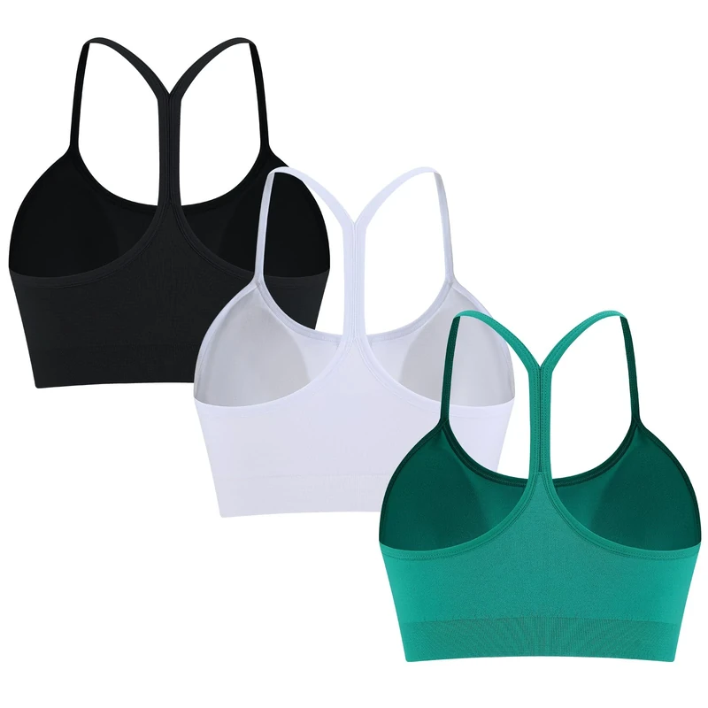 ANGOOL Sports Bras Women Y Back Wireless Removable Pads Bra Lightweight Racerback Spaghetti Straps Top for Yoga Gym Workout, Black+White+Green, M