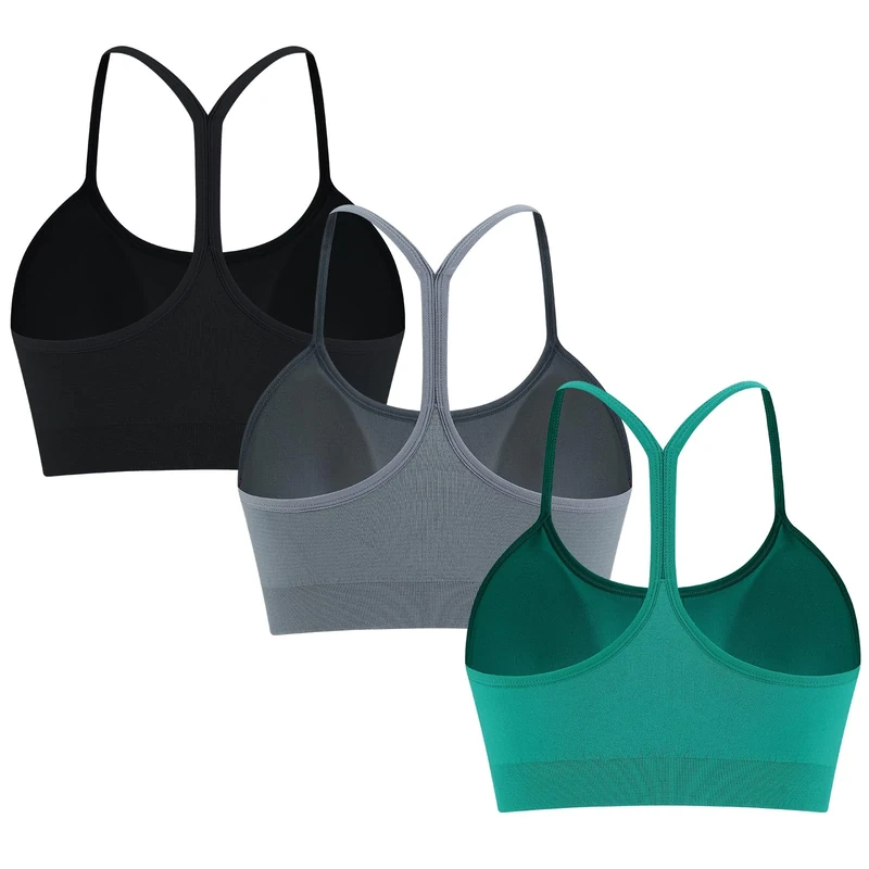 ANGOOL Sports Bras Women Y Back Wireless Removable Pads Bra Lightweight Racerback Spaghetti Straps Top for Yoga Gym Workout, Black+Grey+Green, M