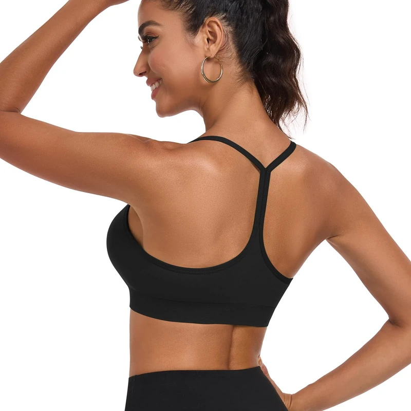 ANGOOL Sports Bras Women Y Back Wireless Removable Pads Bra Lightweight Racerback Spaghetti Straps Top for Yoga Gym Workout, Black, M