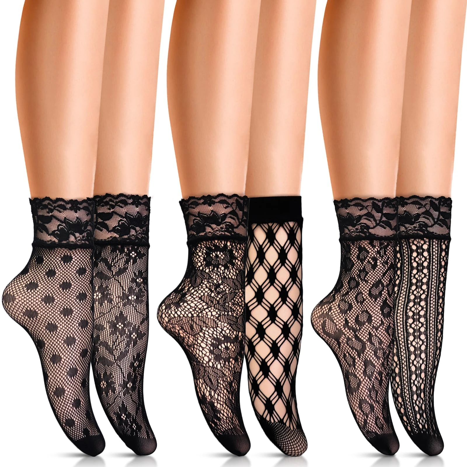 SIWOKJJO 6 Pairs Lace Fishnet Socks, Black Mesh Sheer Sock, Ultrathin Transparent Casual Everyday Sock, Lace Ankle Pop Socks for Ladies Girls