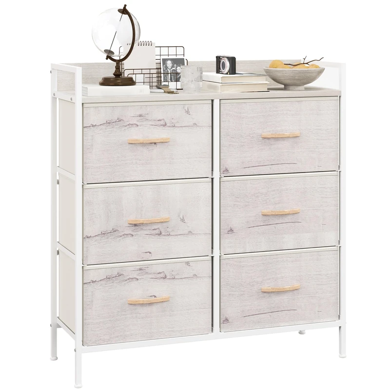 HOMCOM Bedroom Chest of Drawers, Fabric Dresser with 6 Drawers, Storage Organiser Unit with Open Shelf and Metal Frame for Living Room, Entryway, Natural Wood Finish