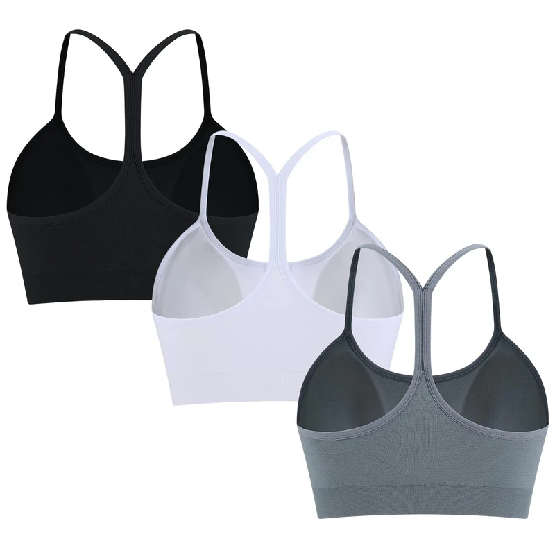 ANGOOL Sports Bras Women Y Back Wireless Removable Pads Bra Lightweight Racerback Spaghetti Straps Top for Yoga Gym Workout, Black+Grey+White, M