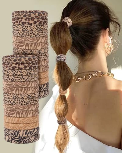 35 PCS Seamless Elastic Hair Ties for Women, Cotton Hair Ties No Damage for Thick Curly Hair, Soft Hair Bands for Ponytail holders, Durable Elastic Hair Accessories for Holiday (Leopard Print)