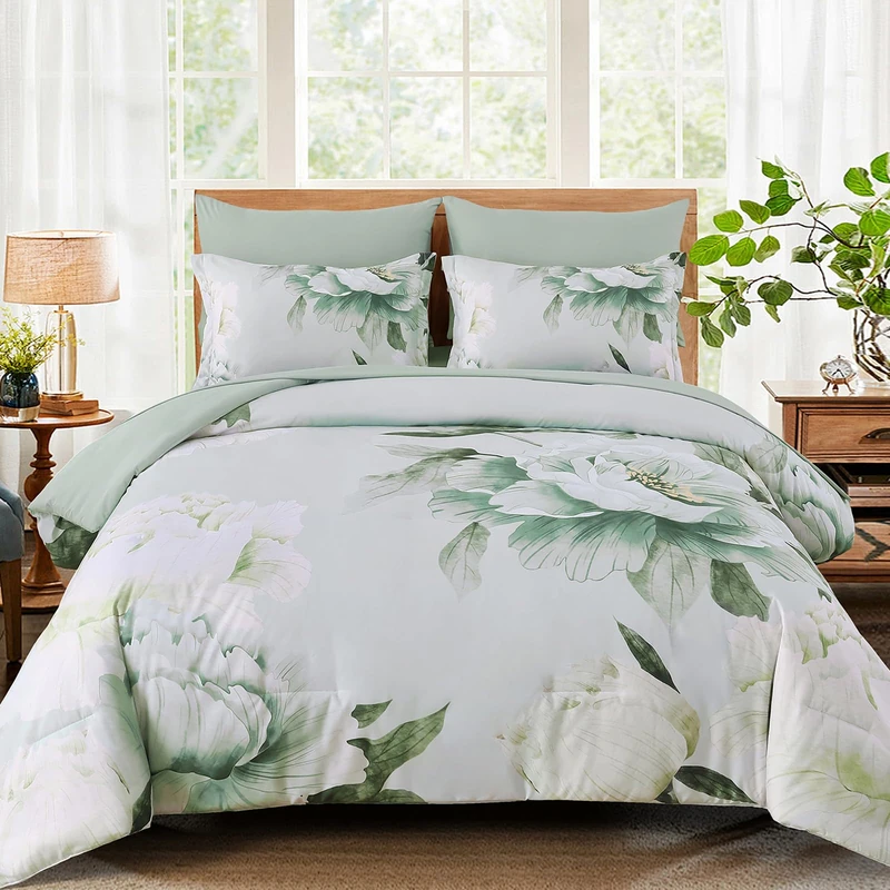 Dobuyly Floral Comforter Set Queen 7 Piece Bed in a Bag, Sage Green Reversible Comforter Set with Sheets, Soft Microfiber Botanical Flowers Summer Bedding Set for All Season