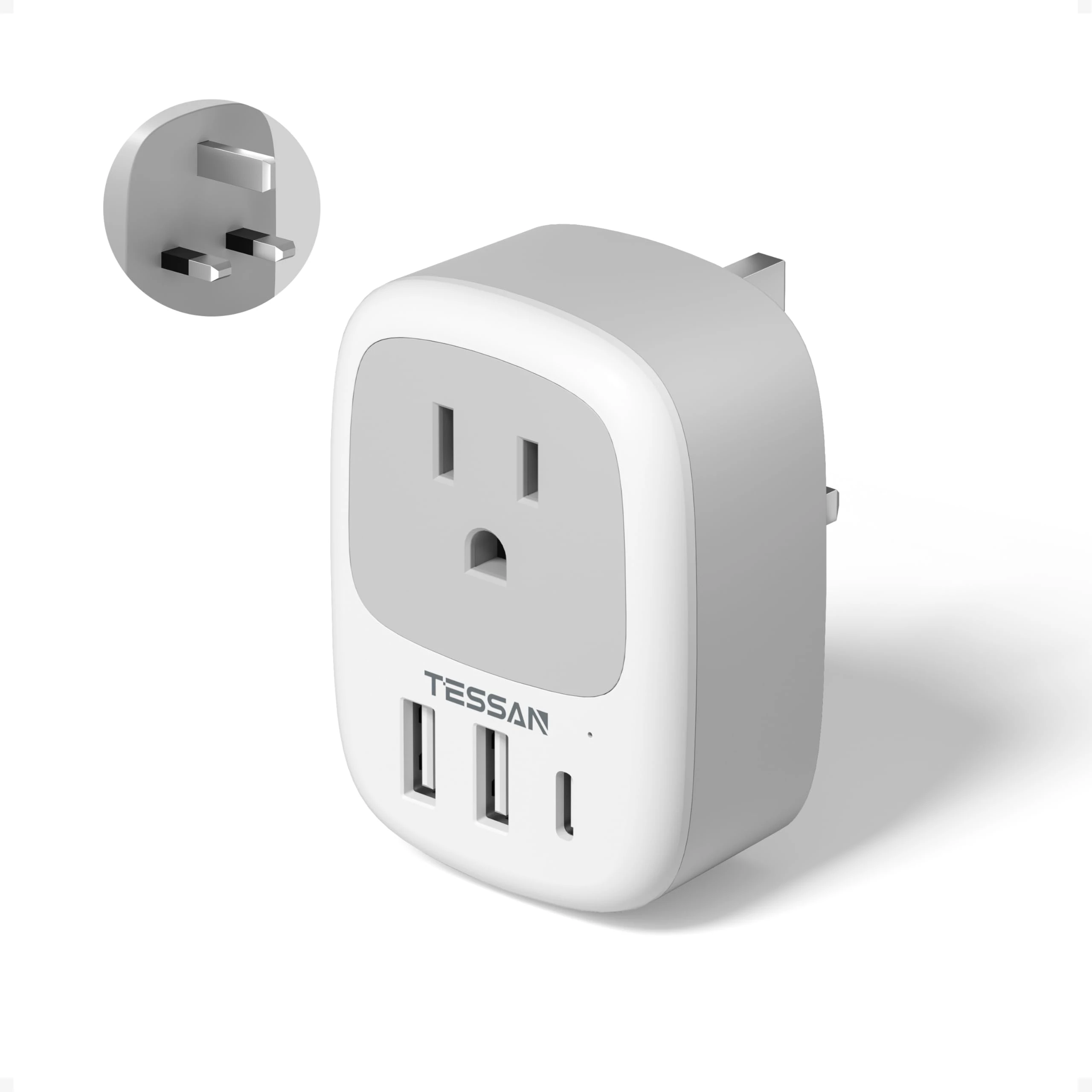 TESSAN US to UK Plug Adapter with 3 USB (1 USB C), 4 in 1 Type A and B to Type G Plug Adaptor with 13A Fuse, 3250W Max, American to UK Travel Adapter Accepts USA, Canada, Mexico, Japan Appliances