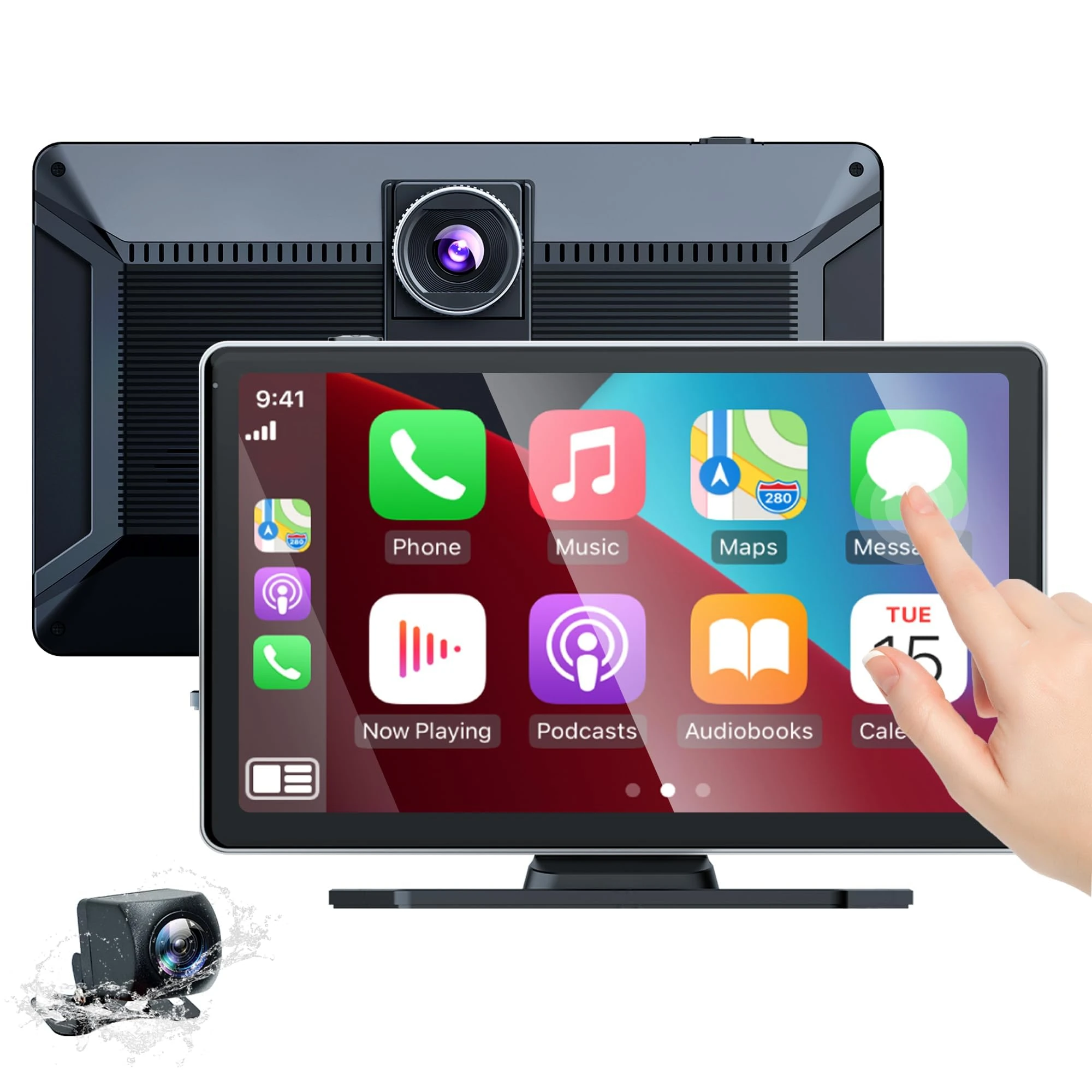 Wireless Car Stereo,9 Inch CarPlay Screen for Apple Car Play & Android Auto,Portable Touch Wireless Car Play Screen Mirror Link Music Video Player, with 4K Front+Rear 1080P Dual Camera Dash Cam