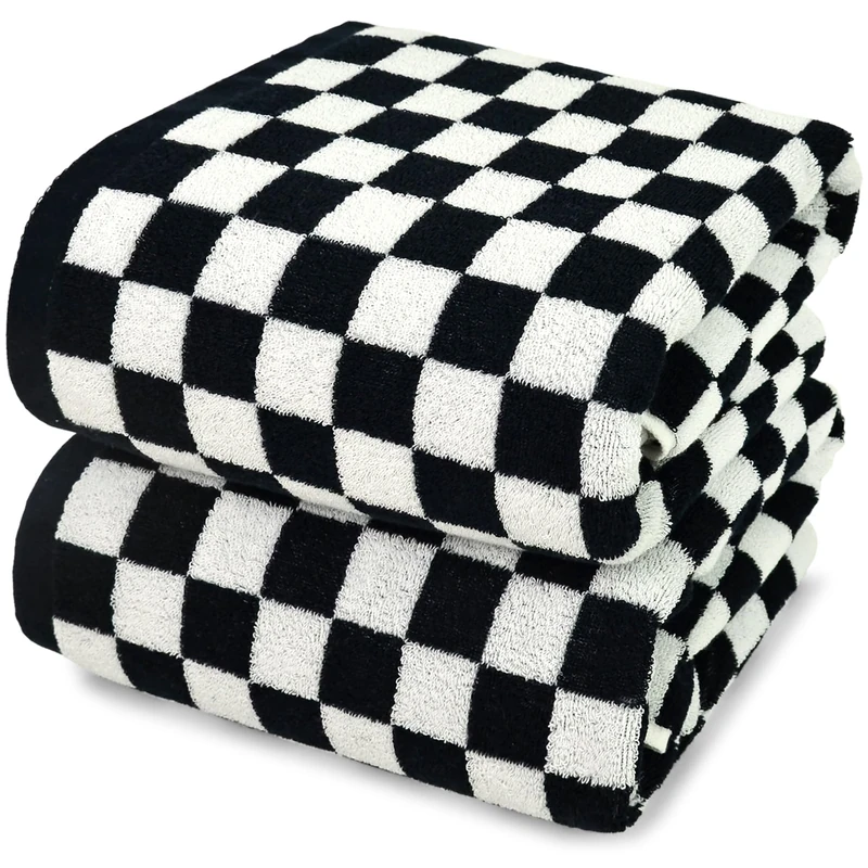Jacquotha Black and White Checkered Bath Towels Set of 2-100% Cotton 27.5"x55" - Soft, Absorbent, Quick Dry Bath Towels for Bathroom, Pool, Beach, Spa