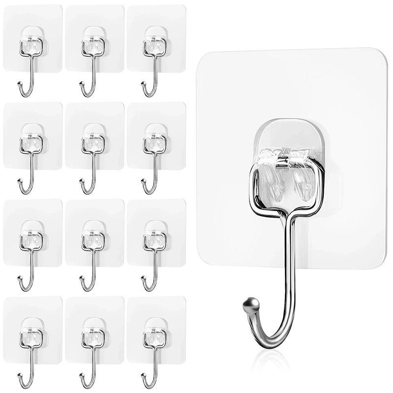 GXFCING 12 Pack Large Adhesive Hooks Heavy Duty Wall Hook 20kg (Max) Self-Adhesive Strong Clear Stick on Hooks Free Nail for Kitchen Home Office