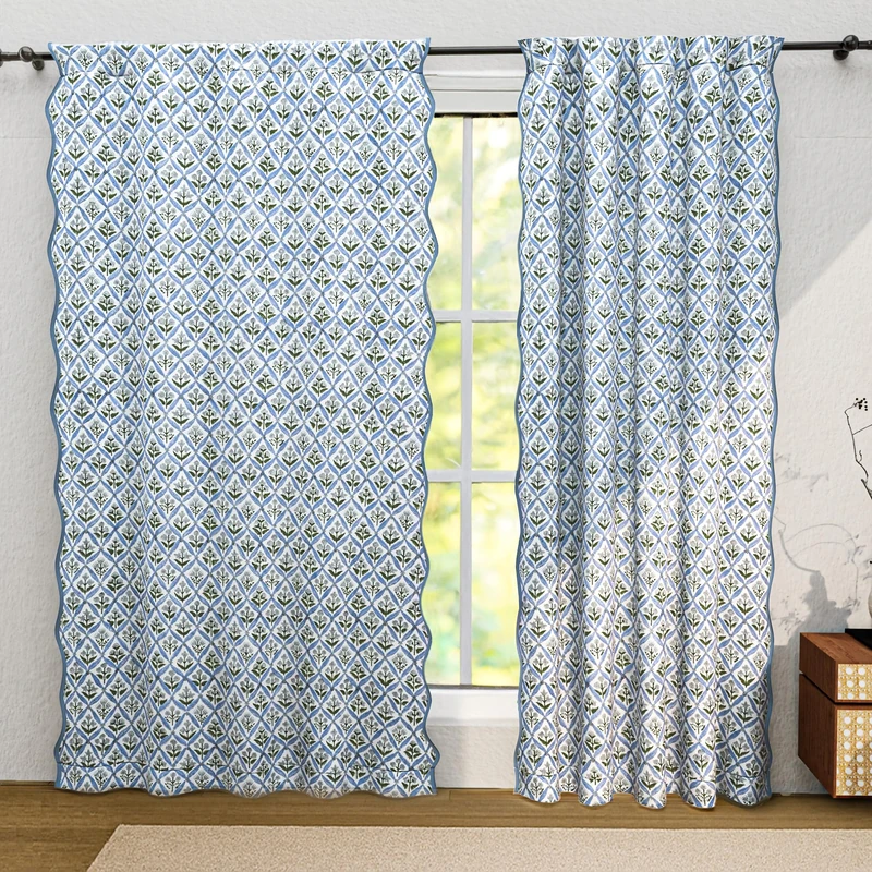 Ridhi Light Steel Blue Set of 2 Floral Cotton Scallop Curtains 84-Inch Pocket for The Rod Semi-Sheer Drapes for Living Room & Bedroom, Floral Patterned Farmhouse Boho French Country Window Panels