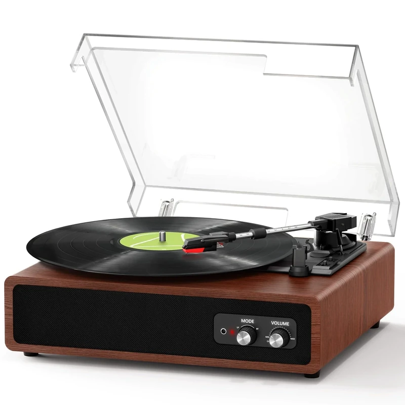 FYDEE Record Player, Dual-Way Bluetooth Vinyl Player Driven by Belt 3 Speed, Vinyl Record Player with Built-In 2 Stereo Speakers, Portable Retro Turntable Supports RCA Output and AUX Input - Mahogany