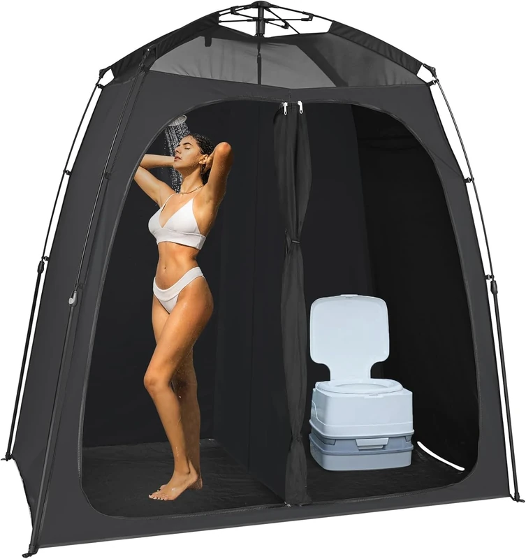 EighteenTek Upgraded Pop-Up Shower Tent, Black, 2-Room Privacy Shelter with Floor & Dual Doors, Portable Camping Toilet & Changing Tent, 83" x 47" x 77.6"H - Image 1