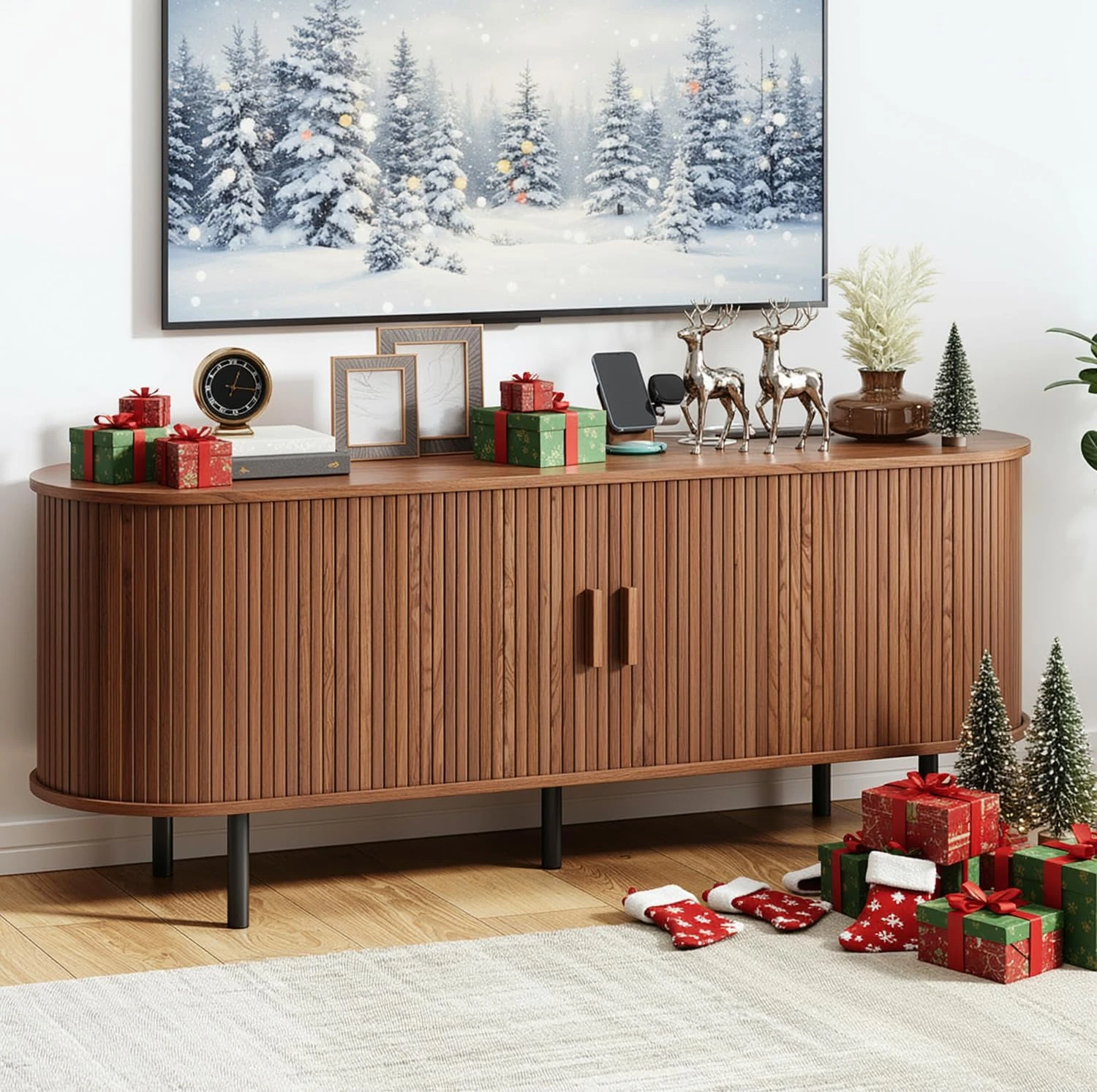 TV Stand with Power Outlet, Mid-Century Modern Television Stand, Media Console with Sliding Doors, Entertainment Center for TVs up to 60 Inch, Adjustable Shelves, Walnut