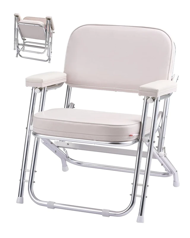 VEVOR Boat Seat, Folding Deck Chair Boat Seat with Aluminum Alloy Frame, Thickened Sponge Cushion & Waterproof PVC Leather, Padded Armrests & Non-slip Foot Pads, for Boats, Yachts, Ships, White