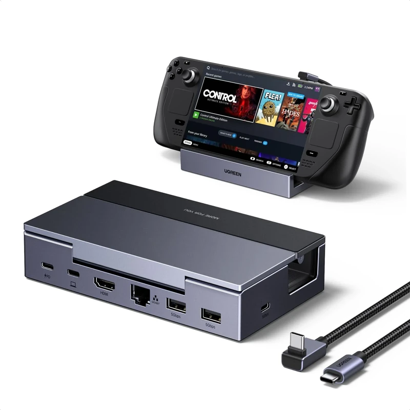 UGREEN Steam Deck Dock (6-in-1), 4K@120Hz HDMI, 100W PD, 1Gbps Ethernet, USB-A & C Ports, Adjustable & Foldable Aluminum Stand, Detachable USB-C Cable for Steam Deck (OLED), ROG Xbox Ally X, Legion Go