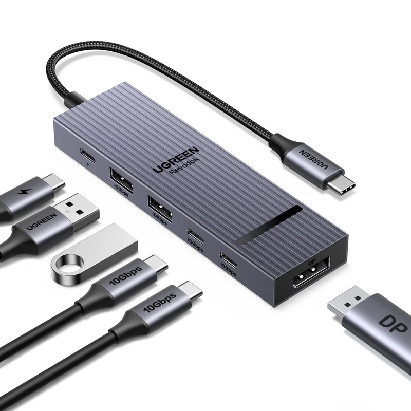 UGREEN USB C Hub, 6-in-1 USB-C to DisplayPort Adapter 4K@60Hz, 2K@144Hz, 4x 10Gbps USBA & C Data Ports USBC Dock, 100W PD, Aluminum Compact Multiport Adapter for MacBook, HP, Dell, iPad (No HDMI Port)