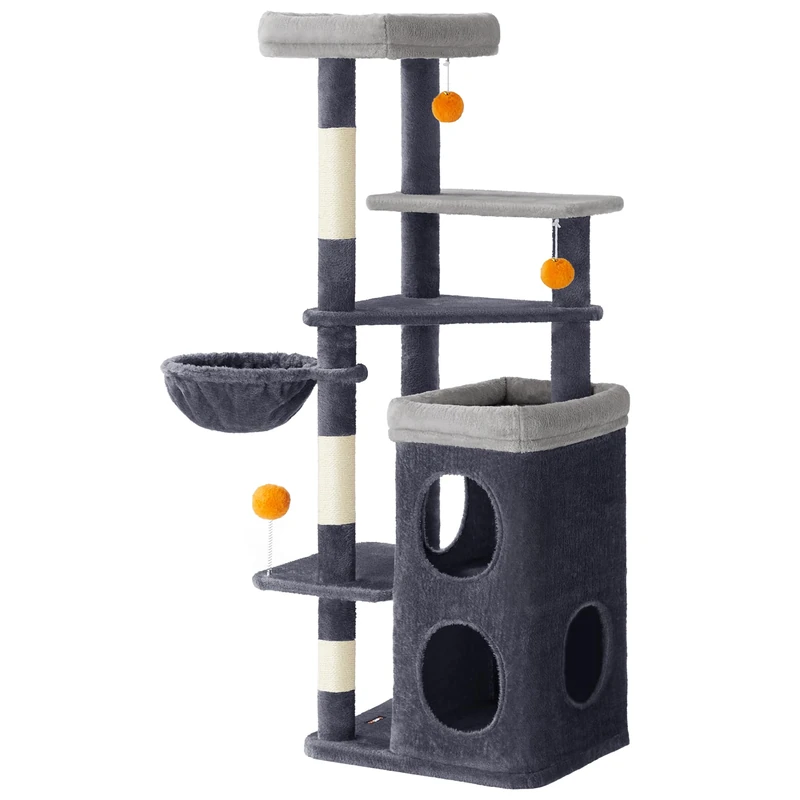 Feandrea Tall Cat Tree, Multiple-Level Cat Tower with 2 Caves, Basket, 3 Scratching Posts, 3 Perches, Dark Grey PCT007G02