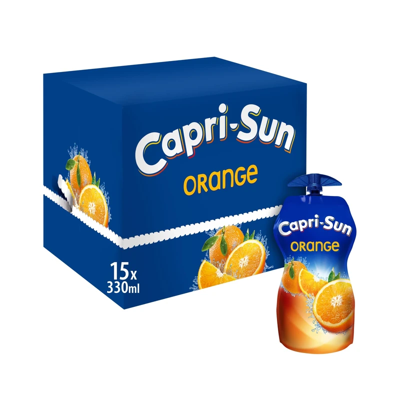 Capri-Sun Orange Juice Drink Multipack (15 x 330ml) Big Pouches with Resealable Cap - Made with Real Fruit Juice - No Preservatives, Artificial Colours, or Flavours - Vegan, Gluten Free