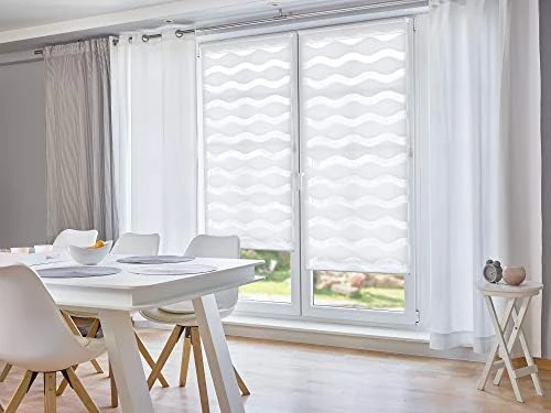 K-Home Klemmfix Double Roller Blind, Wave, No Drilling Required, White, 115 cm x 200 cm (W x L)