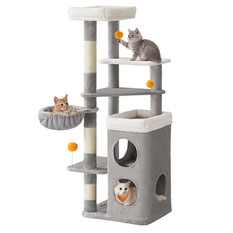 Feandrea Tall Cat Tree, Multiple-Level Cat Tower with 2 Caves, Basket, 3 Scratching Posts, 3 Perches, Dove Grey PCT007G01