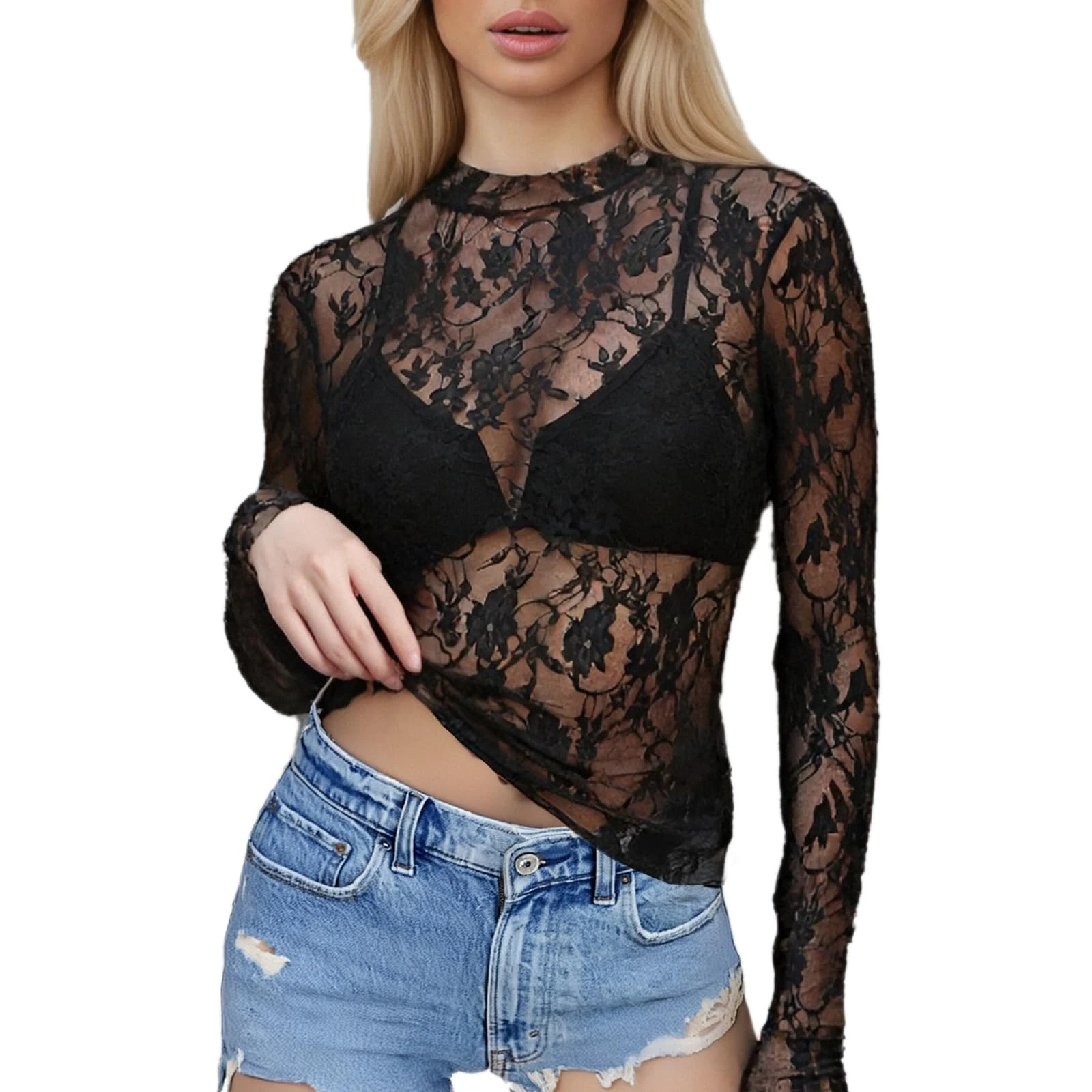 Sahunfri Mesh Tops for Women, Lace Tops for Women UK Sexy See Through Shirts, Y2K Lace Top Layering Blouses (UK, Alpha, M, Regular, Regular, Standard, Black)